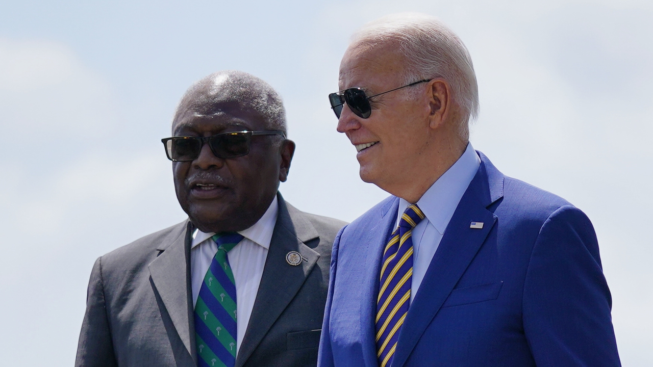 President Joe Biden talks with Rep. Jim Clyburn, D-S.C., as he arrives at Columbia Metropolitan Airport, Thursday, July 6, 2023, in West Columbia, S.C.