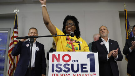 Deidra Reese, statewide program manager for the Ohio Unity Coalition, celebrates the defeat of Issue 1 during a watch party Tuesday, Aug. 8, 2023, in Columbus, Ohio. Ohio voters have resoundingly rejected a Republican-backed measure that would have made it more difficult to pass abortion protections.