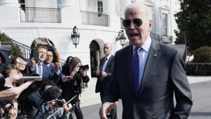 US President Joe Biden talks with journalists before depart the White House en route to Joint Base Andrews, today on March 02, 2022 at South Lawn/White House in Washington DC, USA.