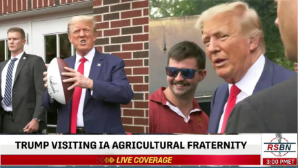 Trump Tosses Footballs and Flips Burgers at Frat House Ahead of Iowa Game — As Frat Chants About Doing It 'Up Against The Wall'