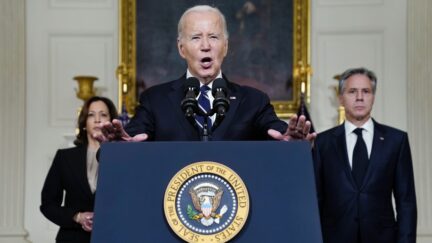 President Joe Biden speaks Tuesday, Oct. 10, 2023, in the State Dining Room of the White House in Washington, about the war between Israel and the militant Palestinian group Hamas, as Vice President Kamala Harris and Secretary of State Antony Blinken listen.