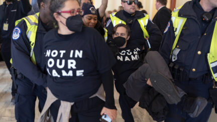 U.S. Capitol Police officers detain a demonstrator protesting inside the Cannon House Office Building on Capitol Hill in Washington, Wednesday, Oct. 18, 2023.