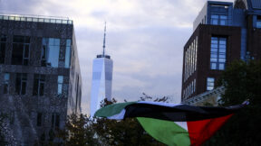 NEW YORK, NY- OCTOBER 17: Palestine flag waving during a Free Palestine protest in New York City on October 17, 2023.