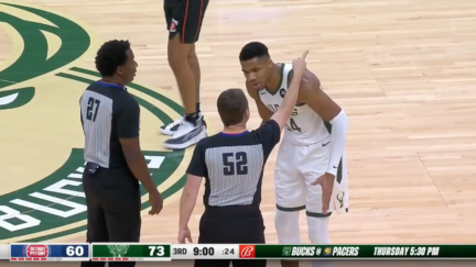 Bucks forward Giannis Antetokounmpo reacts to being ejected