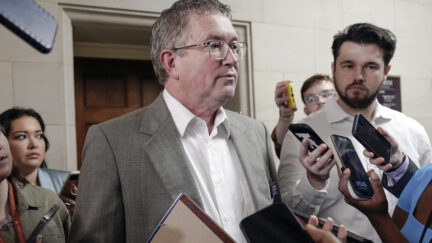 Rep. Thomas Massie, R-Ky., talks with reporters before a House Republican caucus meeting at the Capitol in Washington, Friday, Oct. 13, 2023. House Republicans are meeting again behind closed doors to work on a path to elect a new speaker after House Majority Leader Steve Scalise, R-La., dropped out of the race Thursday night