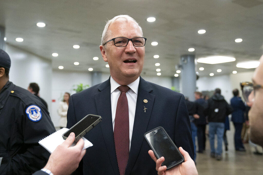 Sen. Kevin Cramer, R-N.D., speaks to reporters after final votes, at the Capitol in Washington, Thursday, April 11, 2019. Cramer, a freshman senator, has indicated he would oppose Herman Cain for a place on the Federal Reserve's Board of Governors if he was nominated by President Donald Trump, likely sinking his chances of confirmation by the Senate.
