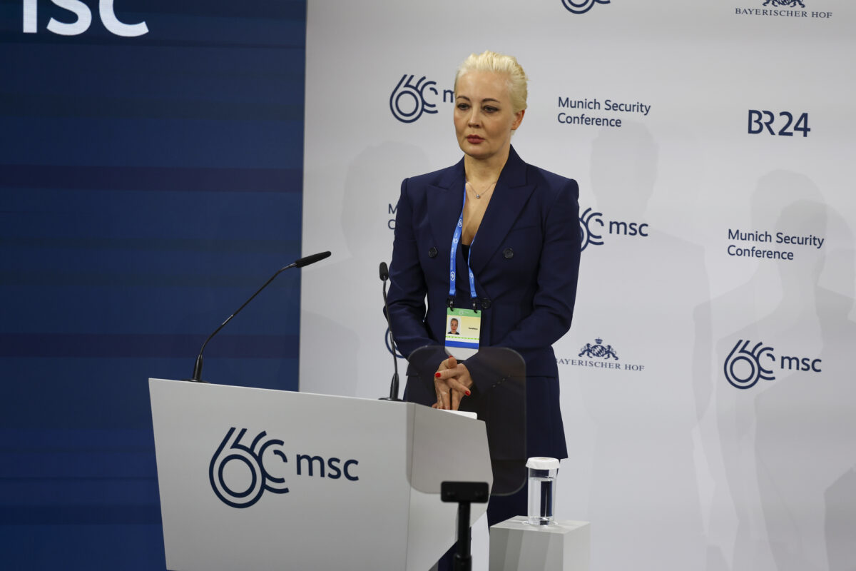 Yulia Navanlnya speaks onstage at the Munich Security Conference