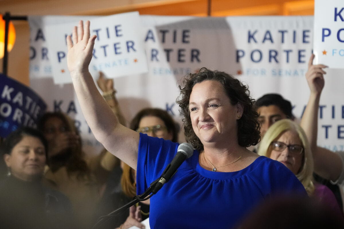 Katie Porter waving to supporters on Super Tuesday