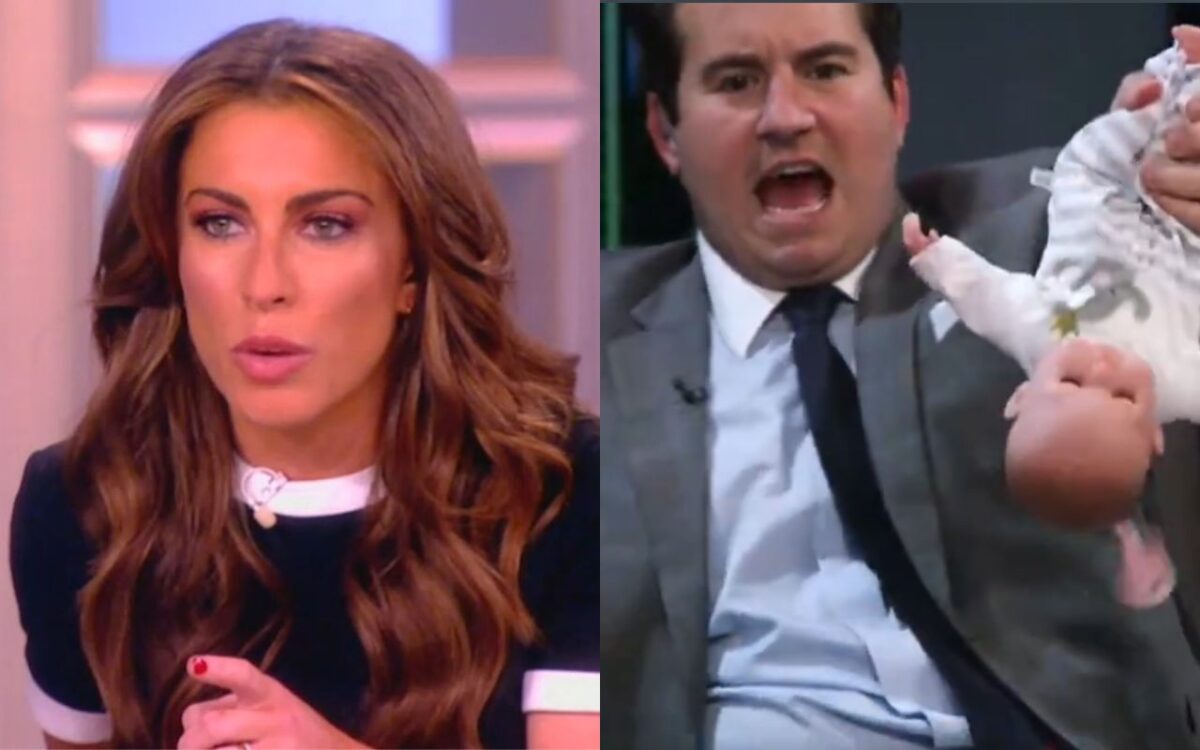 Side by side of Alyssa Farah Griffin and Alex Stein holding a baby doll