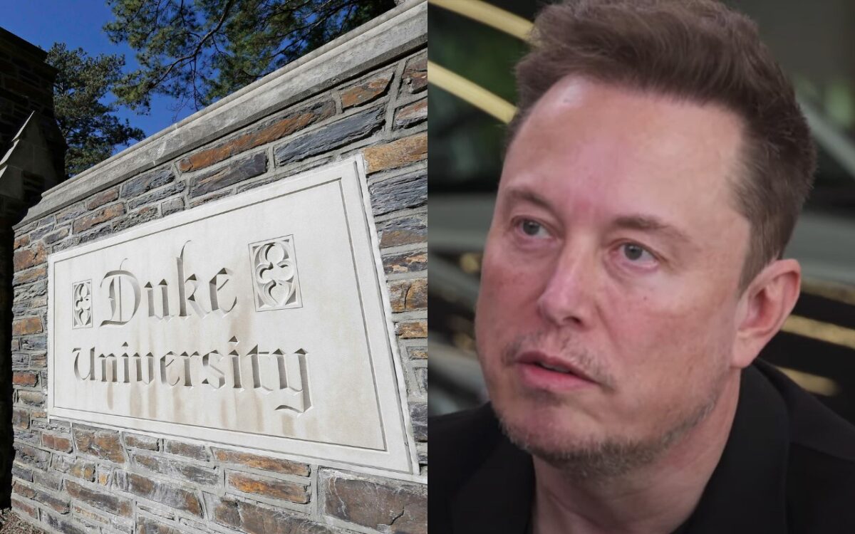 Side by side images of a sign outside Duke University and Elon Musk during his interview with Don Lemon