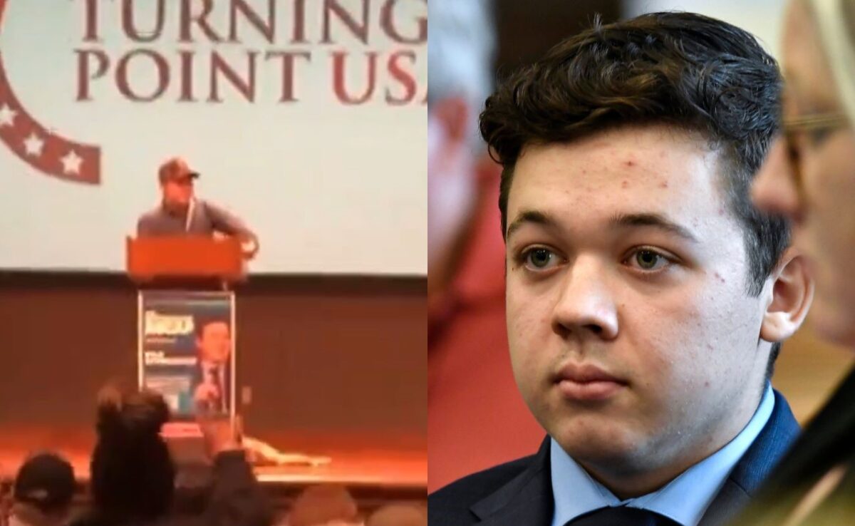 Side by side images of Kyle Rittenhouse speaking at Turning Point USA and at trial