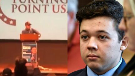 Side by side images of Kyle Rittenhouse speaking at Turning Point USA and at trial