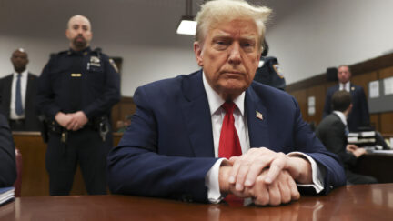 Former president Donald Trump waits for the start of proceedings in Manhattan criminal court, Tuesday, April 23, 2024, in New York. Before testimony resumes Tuesday, the judge will hold a hearing on prosecutors' request to sanction and fine Trump over social media posts they say violate a gag order prohibiting him from attacking key witnesses.