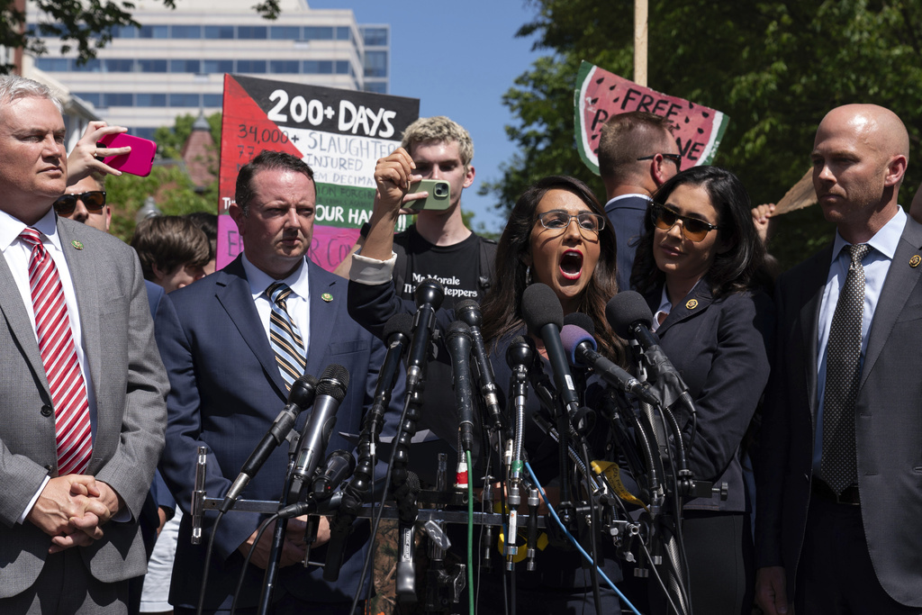 Rep. Lauren Boebert, R-Colo., accompanied other members of congress speaks to the media after they toured the George Washington University students encampment as they protest over the Israel-Hamas war on Wednesday, May 1, 2024, in Washington.