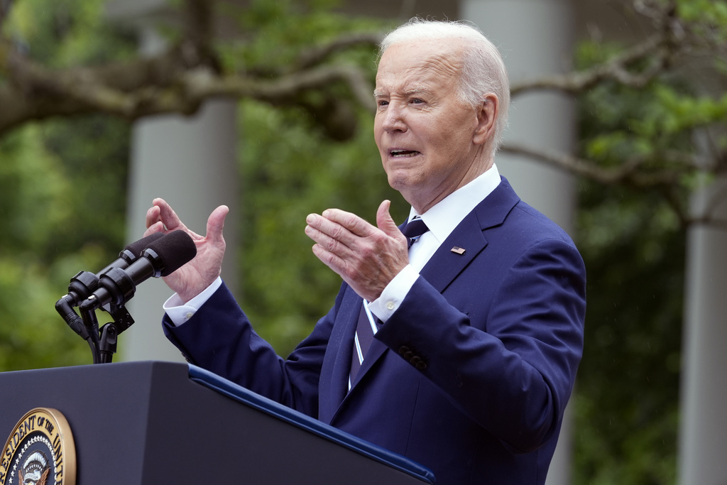 President Joe Biden speaks in the Rose Garden of the White House in Washington, Tuesday, May 14, 2024, announcing plans to impose major new tariffs on electric vehicles, semiconductors, solar equipment and medical supplies imported from China.
