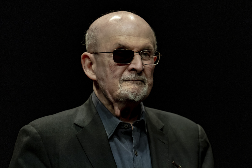 Salman Rushdie poses for a portrait to promote his book "Knife: Meditations After an Attempted Murder", at the Deutsches Theater in Berlin, Germany, Thursday, May 16, 2024.