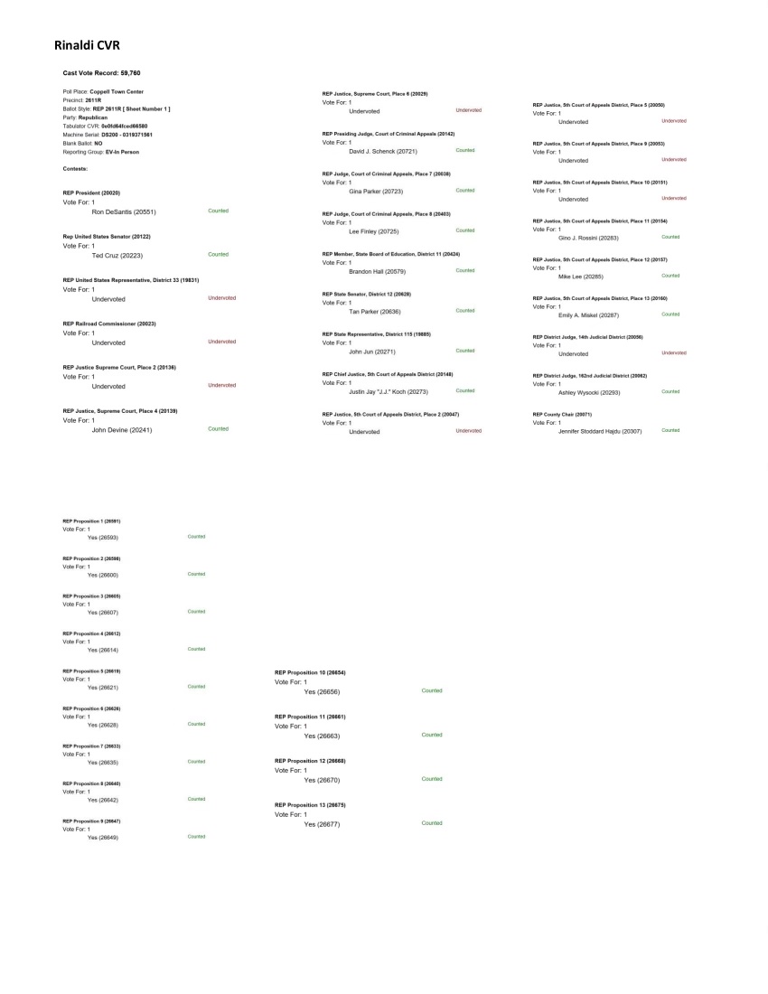 Alleged Cast Vote Record (CVR) for Matt Rinaldi.