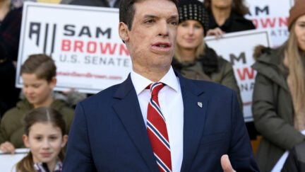 Republican senatorial candidate Sam Brown speaks after filing his paperwork to run for the Senate, March 14, 2024, at the State Capitol in Carson City, Nev. Brown is seeking to replace incumbent U.S. Sen. Jacky Rosen.