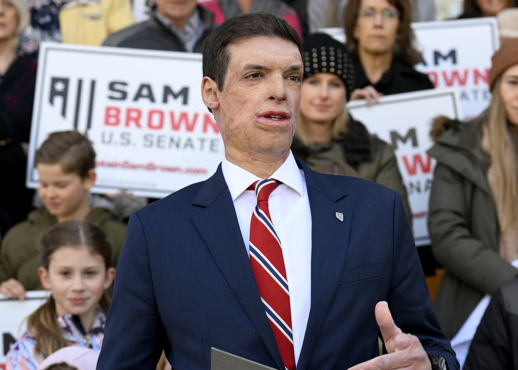 Republican senatorial candidate Sam Brown speaks after filing his paperwork to run for the Senate, March 14, 2024, at the State Capitol in Carson City, Nev. Brown is seeking to replace incumbent U.S. Sen. Jacky Rosen.