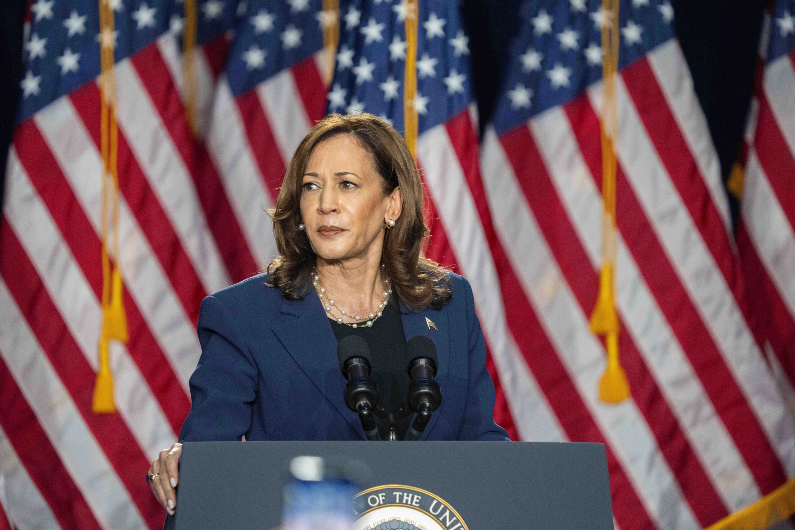 Kamala Harris standing in front of a row of US flags