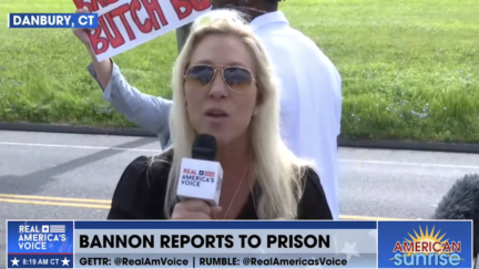 Marjorie Taylor Greene Trolled Outside of Steve Bannon Prison
