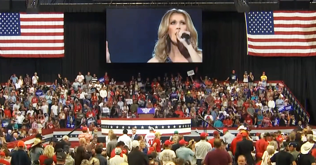 Celine Dion Plays on Screen at Trump Rally in Boseman, Montana as MAGA rallygoers sway to music.