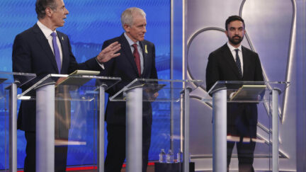Democratic mayoral candidates Andrew Cuomo, far left, and Michael Blake present arguments as Whitney Tilson, second from left, and Zohran Mamdani look on during a Democratic mayoral primary debate, Wednesday, June 4, 2025, in New York.