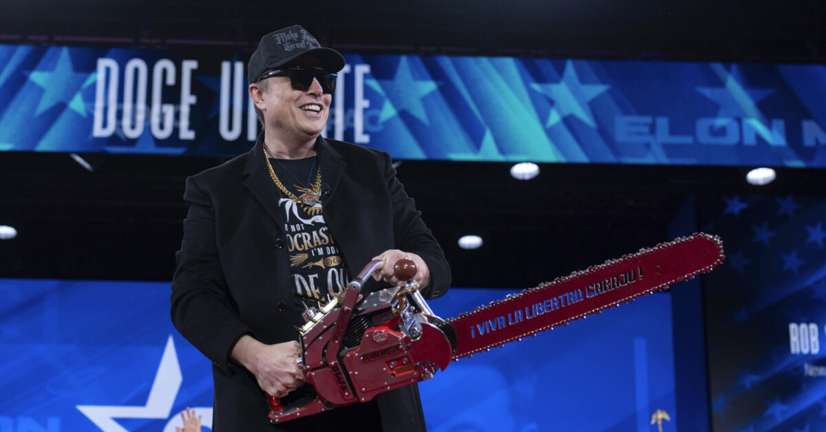 Elon Musk wields chainsaw ahead of speech on cutting government.