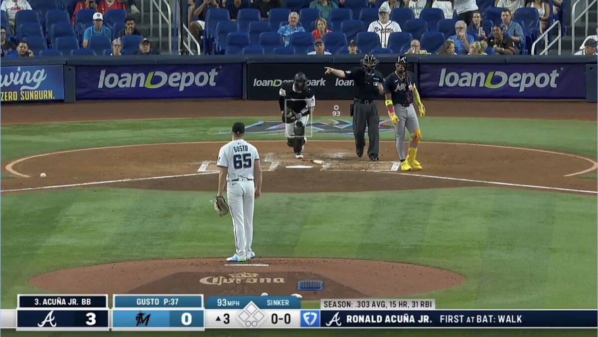 Ronald Acuna Jr. hit by pitch vs. Miami Marlins