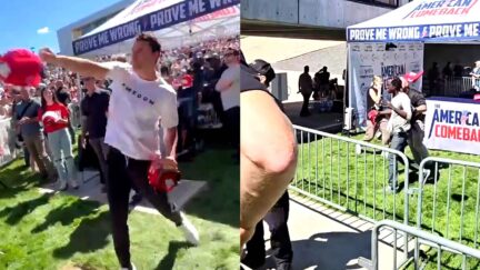 Man Grabs Trump Hats From Charlie Kirk Booth After Shooting — Tosses Into Crowd As Security Chases Him Away