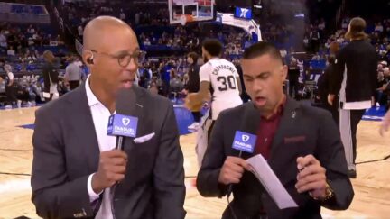Spurs announcer Jacob Tobey tries smelling salts