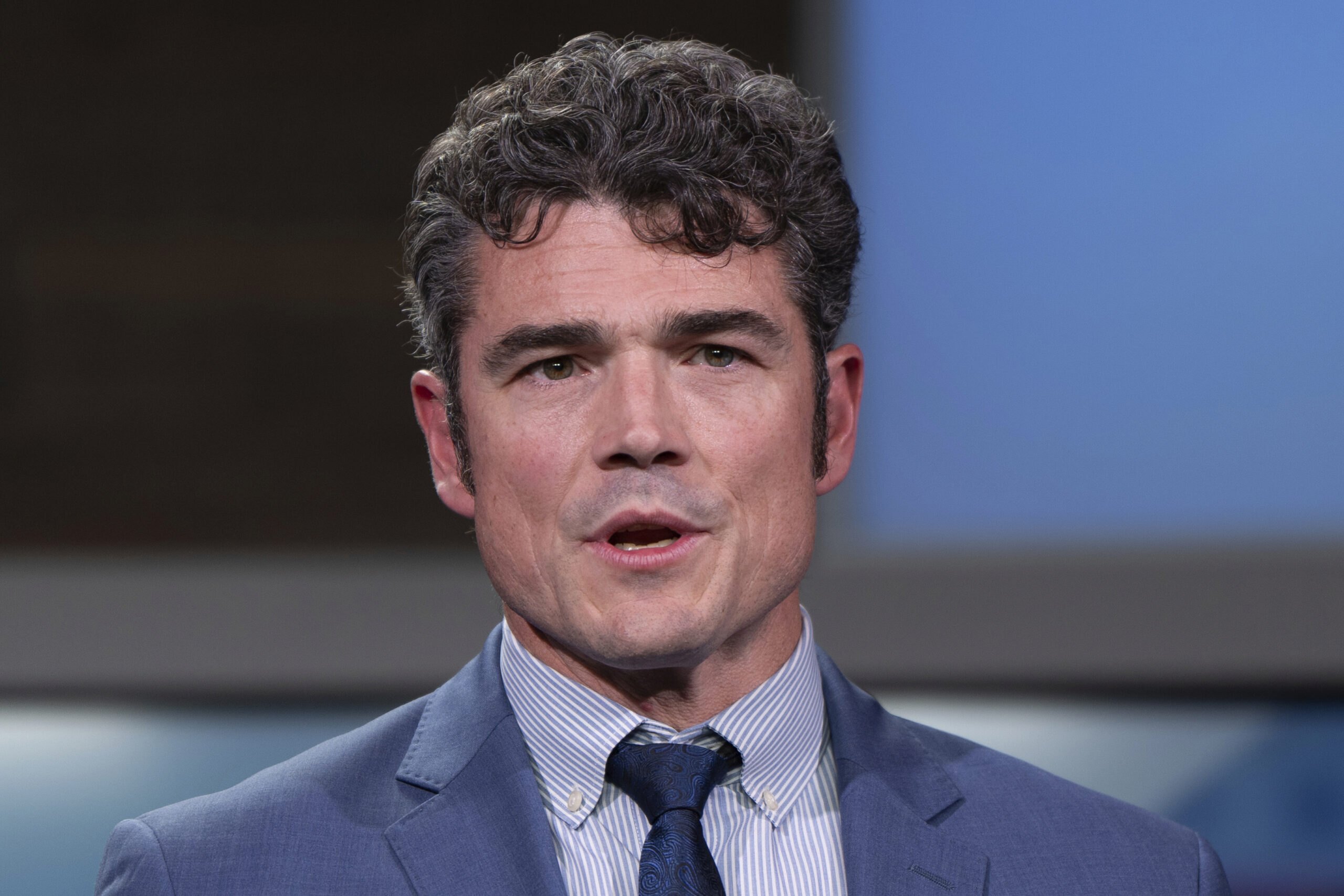 FILE - Joe Kent speaks during a congressional debate at KATU studios Oct. 7, 2024, in Portland, Ore.