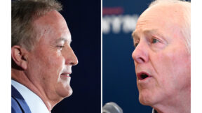Attorney General Ken Paxton, left, in Dallas and Sen. John Cornyn, R-Texas, in Austin, Texas, both on March 3, 2026.