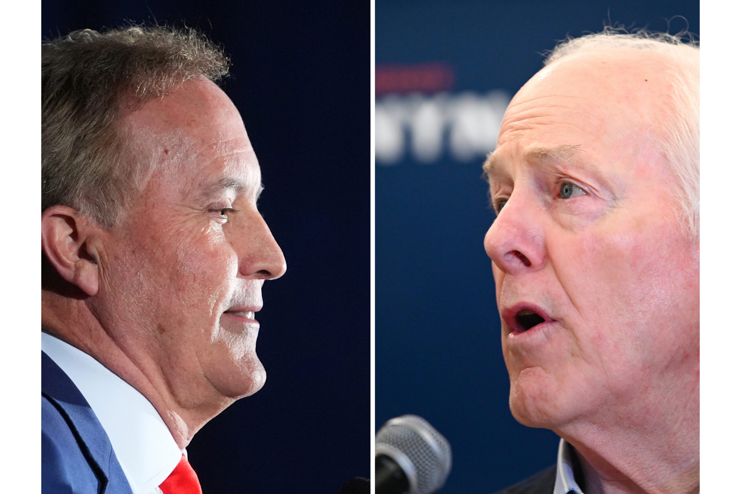 Attorney General Ken Paxton, left, in Dallas and Sen. John Cornyn, R-Texas, in Austin, Texas, both on March 3, 2026.