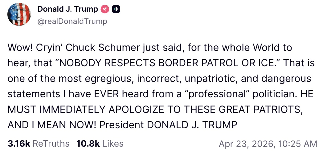 Trump Demands Apology From Schumer Over ICE Remarks