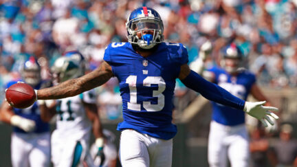 FILE - New York Giants' Odell Beckham Jr. celebrates a catch against the Carolina Panthers during the first half of an NFL football game Oct. 7, 2018, in Charlotte, N.C. (AP Photo/Jason E. Miczek, File)