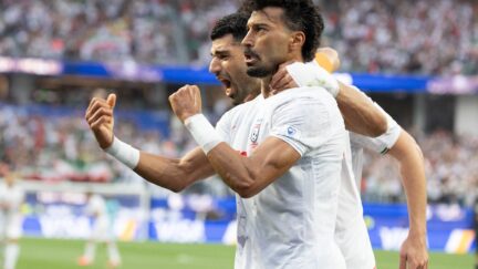 INGLEWOOD, CA - JUNE 15: Ramin Rezaeian #23 and Mehdi Taremi #9 of IR Iran celebrate a goal during the FIFA World Cup 2026 Group G match between IR Iran and New Zealand on June 15, 2026 at Los Angeles Stadium in Inglewood, CA. (Photo by Karl Anderson/Icon Sportswire) (Icon Sportswire via AP Images)