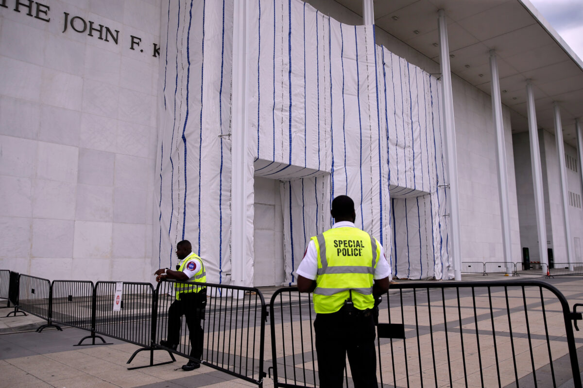 Kennedy Center with tarp after Donald Trump's name removed