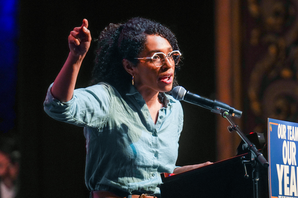 Democratic congressional candidate Darializa Avila Chevalier speaks during a Get Out The Vote rally ahead of New York's primary election, Thursday, June 18, 2026, in the Brooklyn borough of New York. 