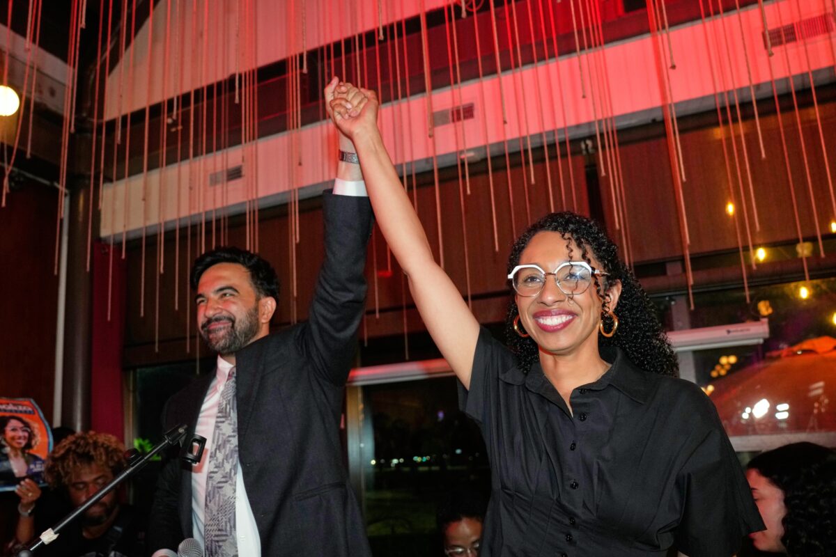 New York City Mayor Zohran Mamdani celebrates with Democratic congressional candidate Darializa Avila Chevalier during an election night watch party Tuesday, June 23, 2026, in New York. (AP Photo/Seth Wenig)