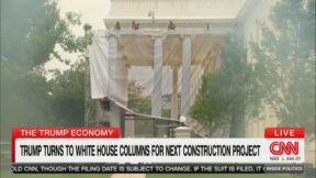 Tarp depicting renovated columns on the white house's north portico is unfurled covering the north portico