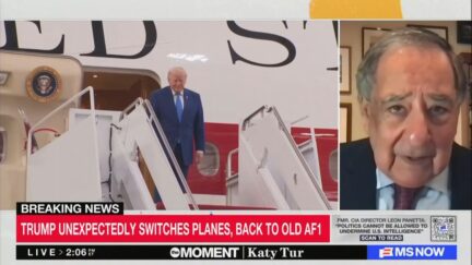 split screen with trump on steps of air force one and panetta