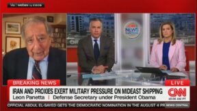 Leon Panetta in a split screen with cnn hosts