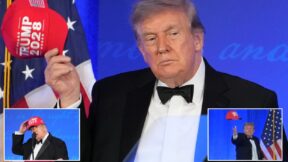 photos of trump wearing and tossing a red trump 2028 hat at the whcd