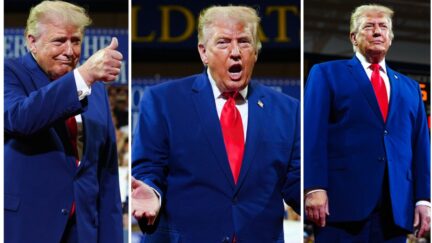 an image of trump in a blue suit with a red tie, gesturing, ahead of speech in georgia july 22 2026