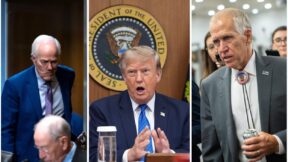 composite image from left to right john cornyn trump and thom tillis