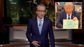 composite bill maher giving his monologue and inset, trump holding up map with name lake ontario crossed out on a map and filling in lake america