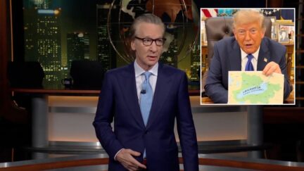 composite bill maher giving his monologue and inset, trump holding up map with name lake ontario crossed out on a map and filling in lake america