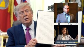 President Trump holds up his executive order renaming Lake Ontario (AP Photo/Manuel Balce Ceneta) J. Conrad Seneca, upper right (AP Photo/Mike Groll) Gov. Kathy Hochul, lower right (AP Photo/Yuki Iwamura)