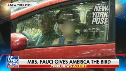 Fauci and his wife in a car with her middle finger up